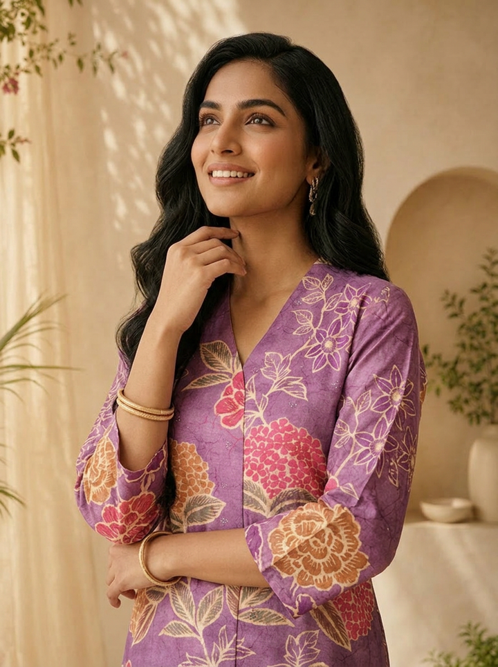 Purple Silk Heavy Floral Digital Printed Kurta