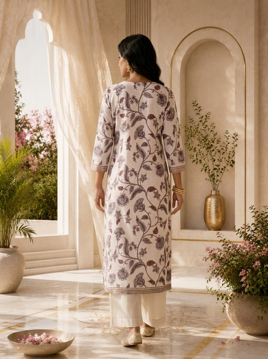 Baby Pink Printed And Beads Embroidered Silk Kurta