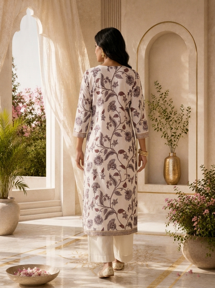 Baby Pink Printed And Beads Embroidered Silk Kurta