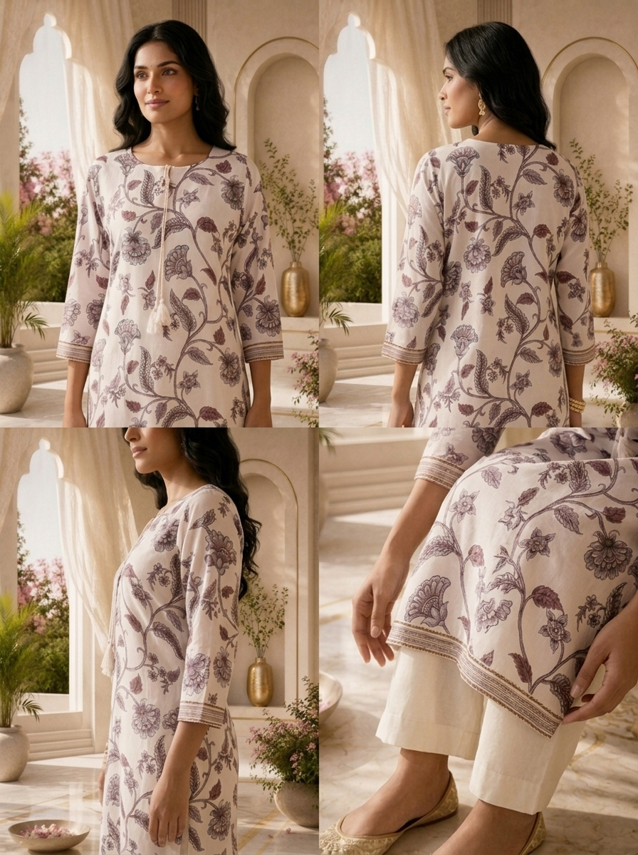 Baby Pink Printed And Beads Embroidered Silk Kurta