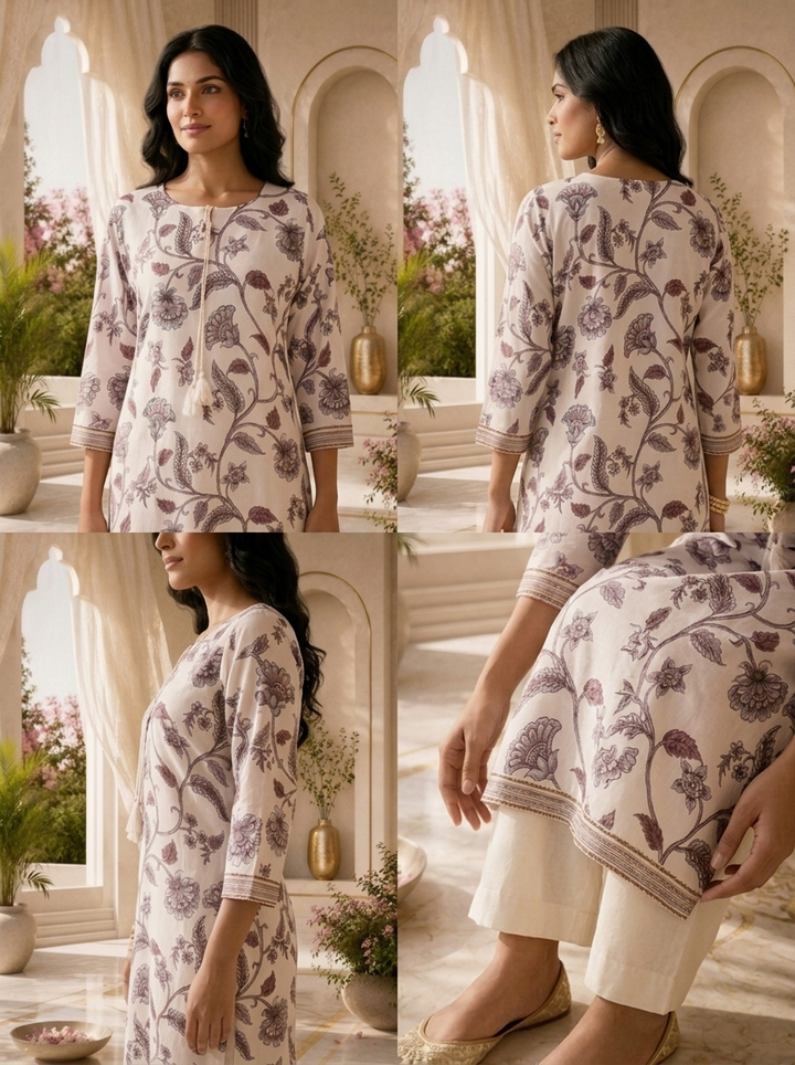 Baby Pink Printed And Beads Embroidered Silk Kurta