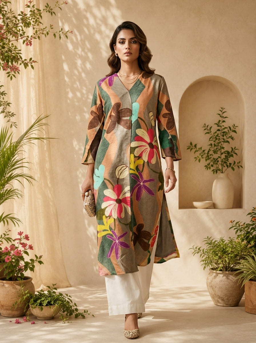 Beige Silk Abstract Design And Floral Printed Kurta