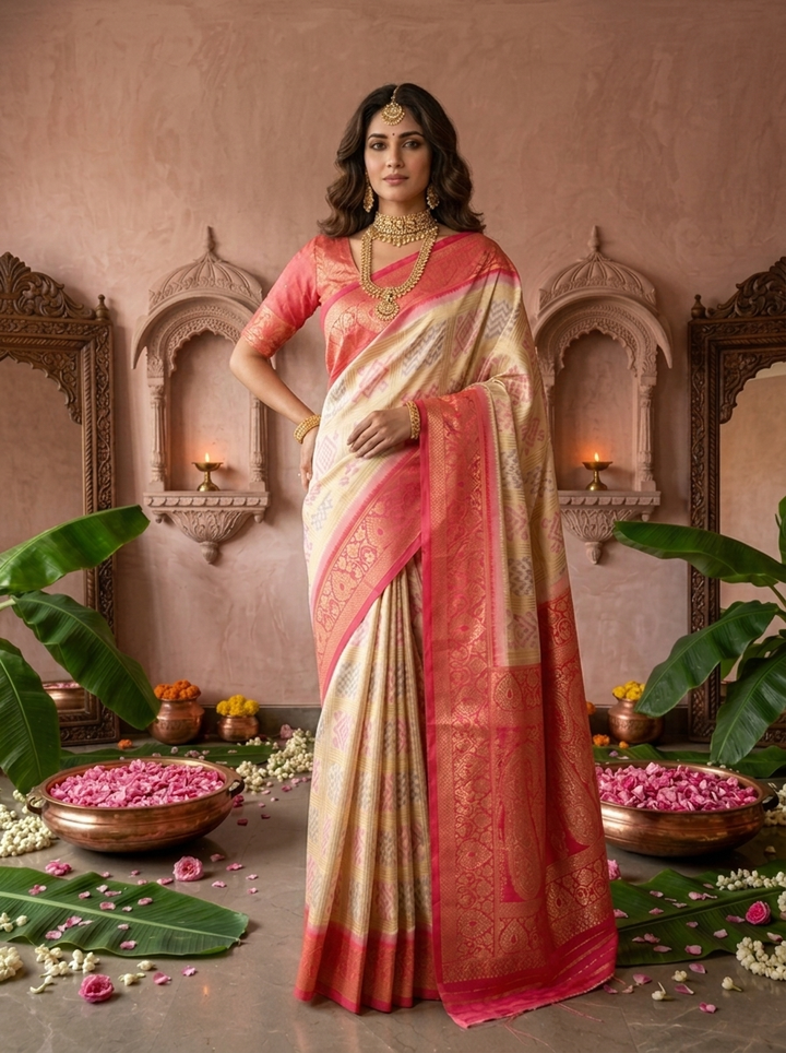 Cream Banaras Silk Geometric Ethnic Motif Printed Saree