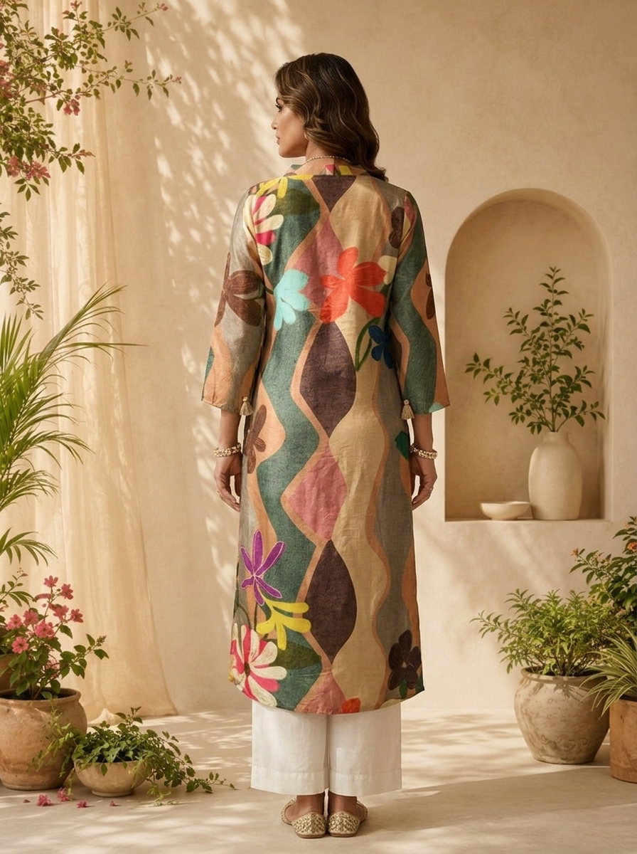 Beige Silk Abstract Design And Floral Printed Kurta