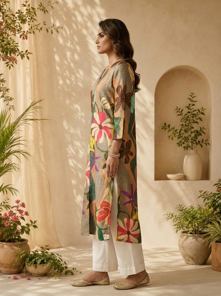 Beige Silk Abstract Design And Floral Printed Kurta