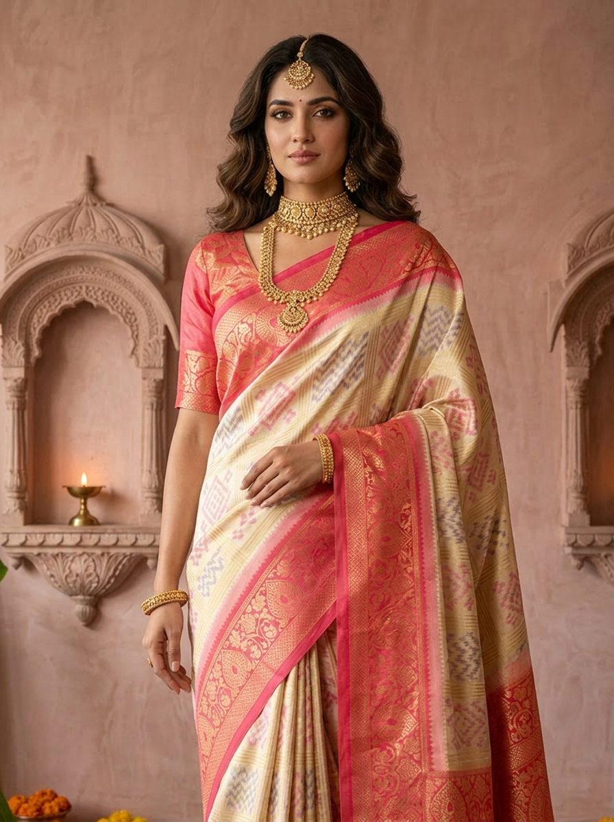 Cream Banaras Silk Geometric Ethnic Motif Printed Saree