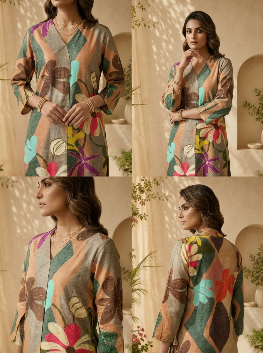 Beige Silk Abstract Design And Floral Printed Kurta