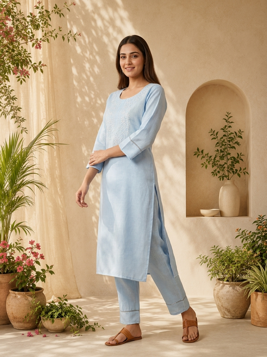 Sky Blue Floral Thread Embroidered Linen Two Piece Set