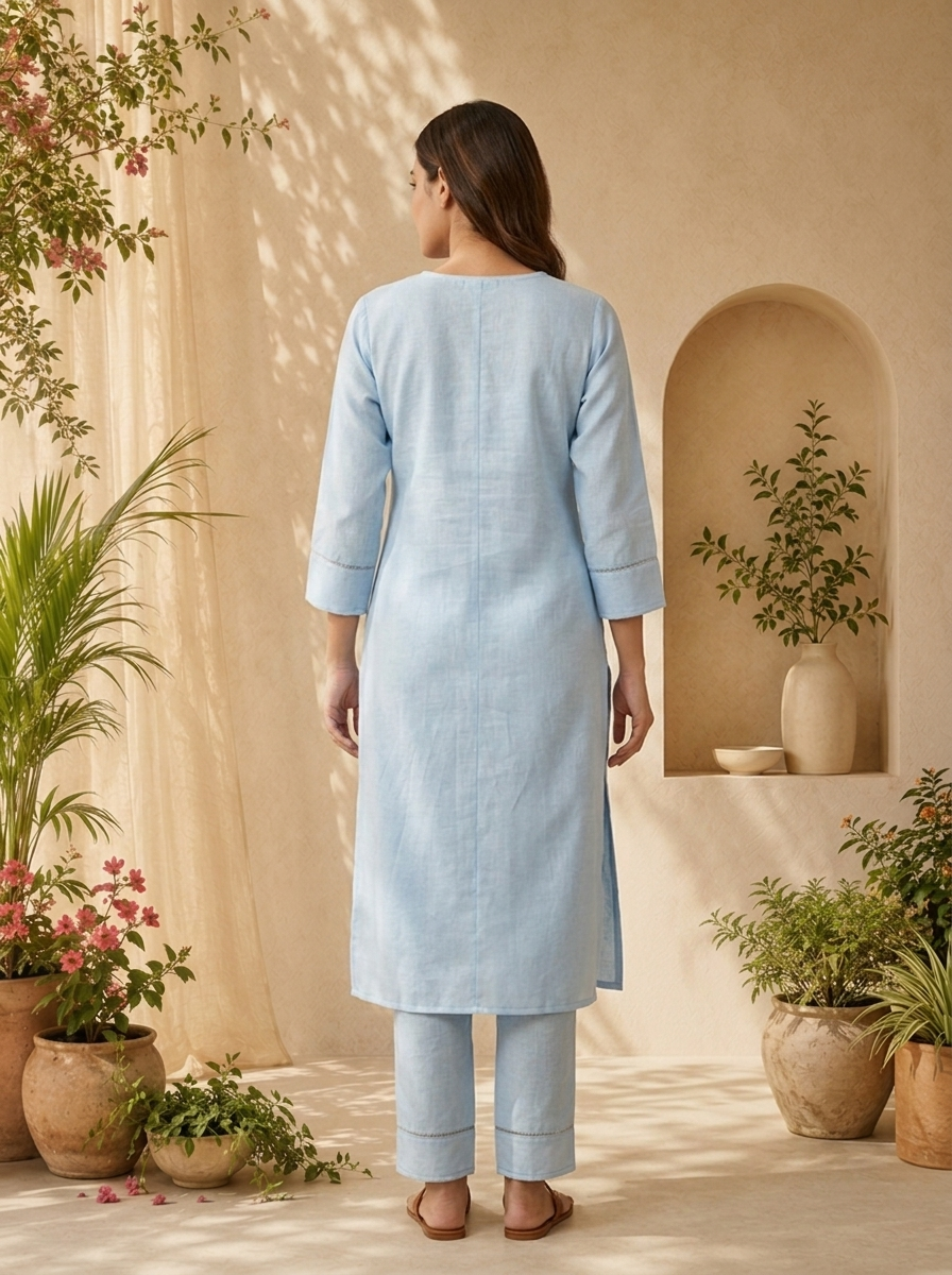 Sky Blue Floral Thread Embroidered Linen Two Piece Set