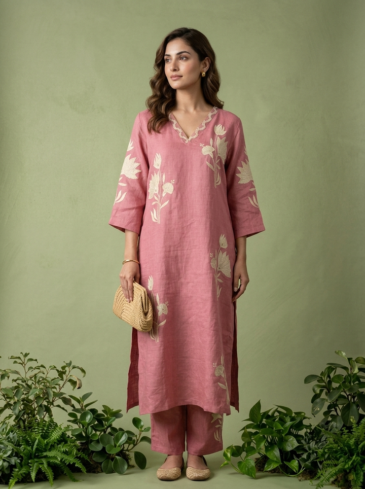 Onion Linen Floral Embroidery Two Piece Set