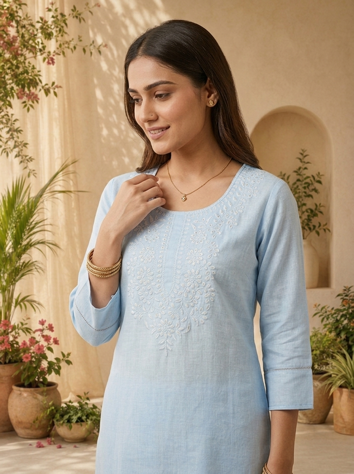 Sky Blue Floral Thread Embroidered Linen Two Piece Set