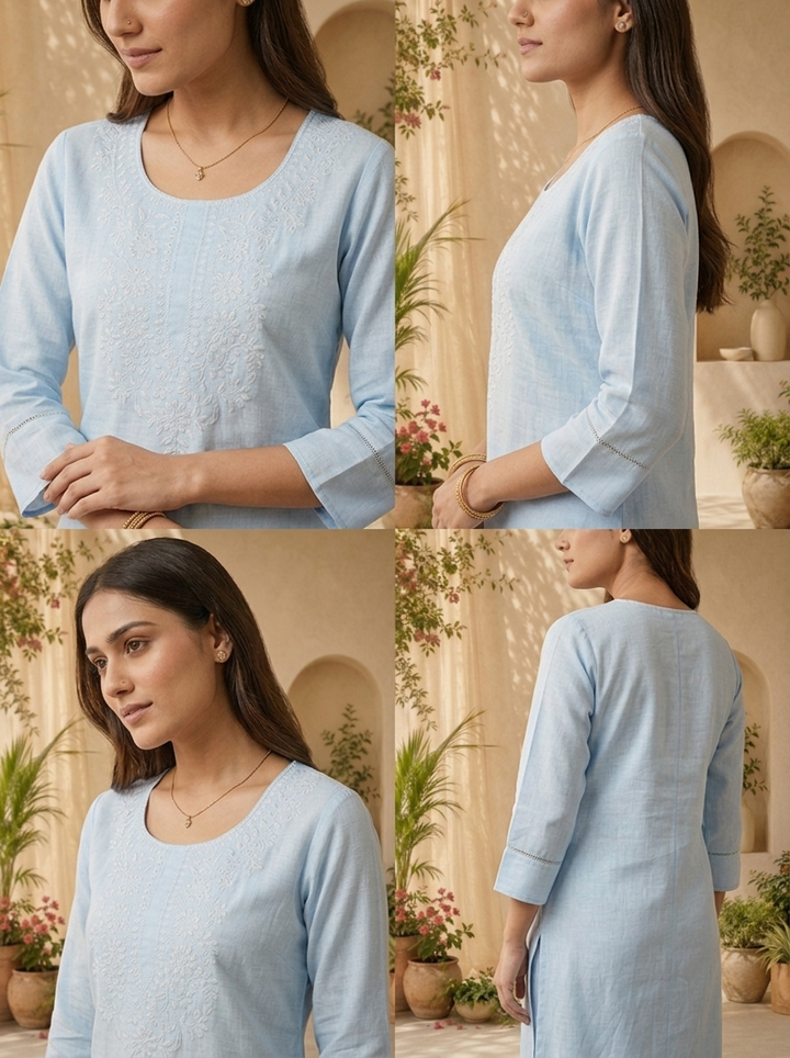 Sky Blue Floral Thread Embroidered Linen Two Piece Set