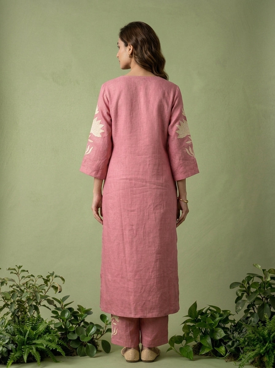 Onion Linen Floral Embroidery Two Piece Set