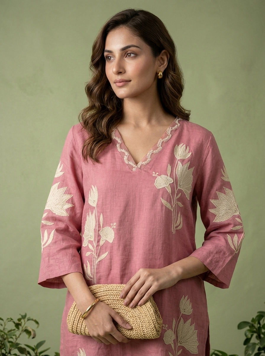 Onion Linen Floral Embroidery Two Piece Set