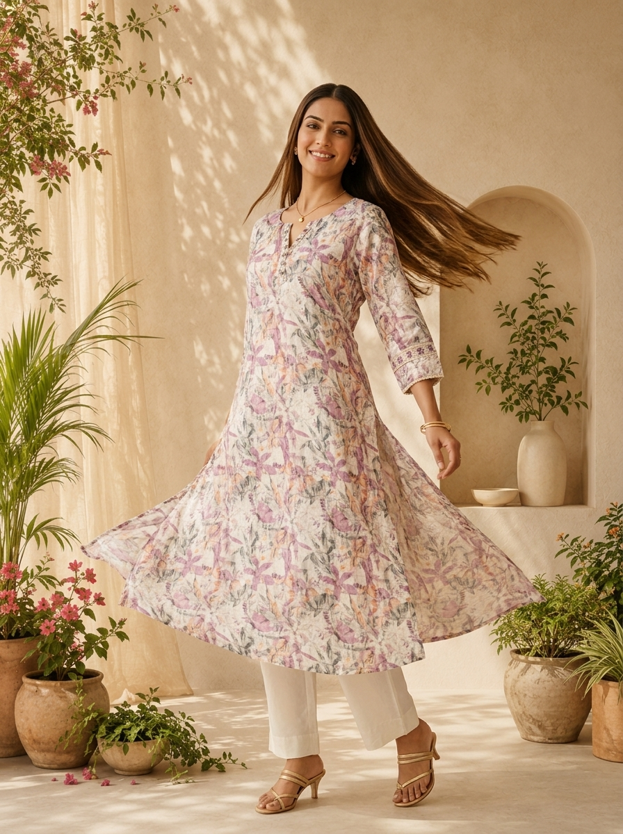 Purple Linen Floral Printed And Thread Embroidery Kurta