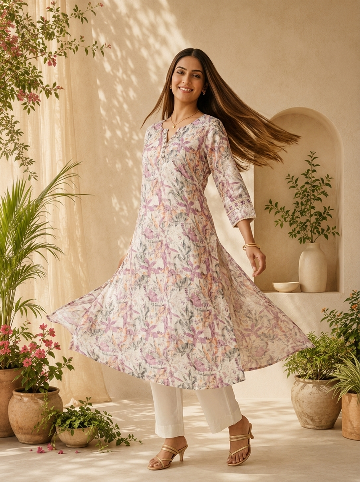 Purple Linen Floral Printed And Thread Embroidery Kurta