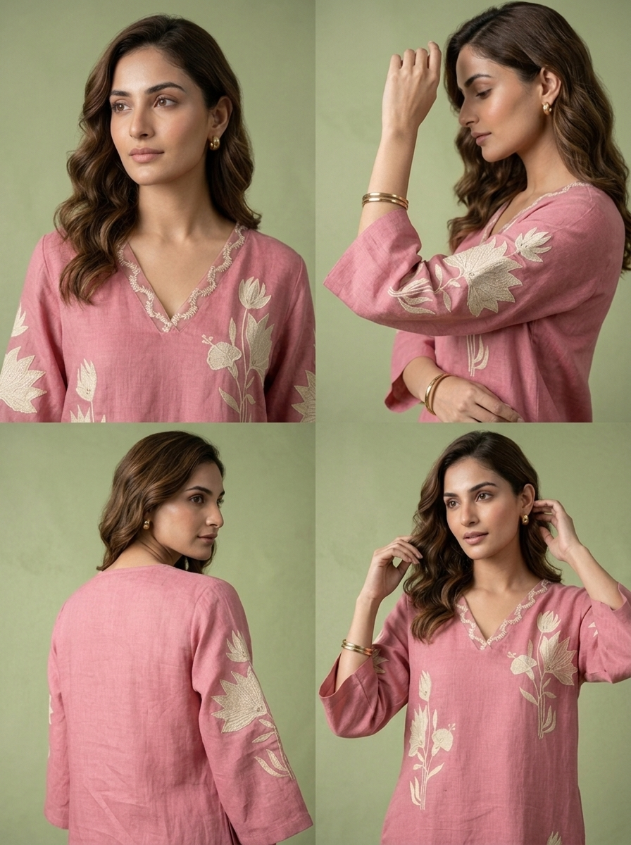 Onion Linen Floral Embroidery Two Piece Set