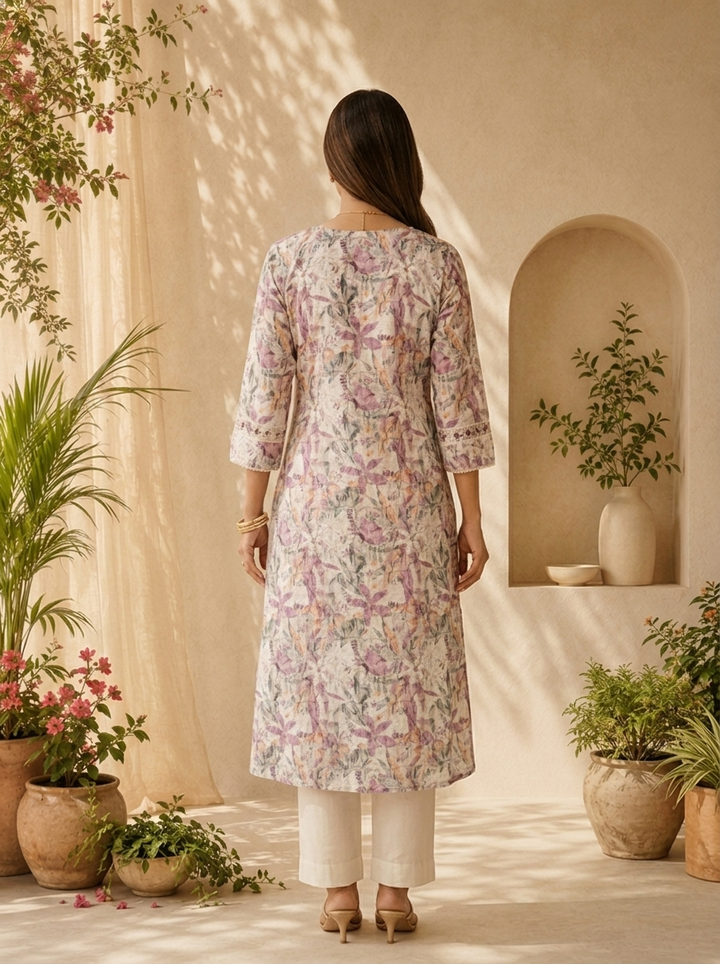 Purple Linen Floral Printed And Thread Embroidery Kurta