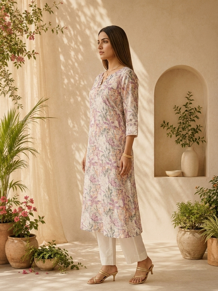 Purple Linen Floral Printed And Thread Embroidery Kurta