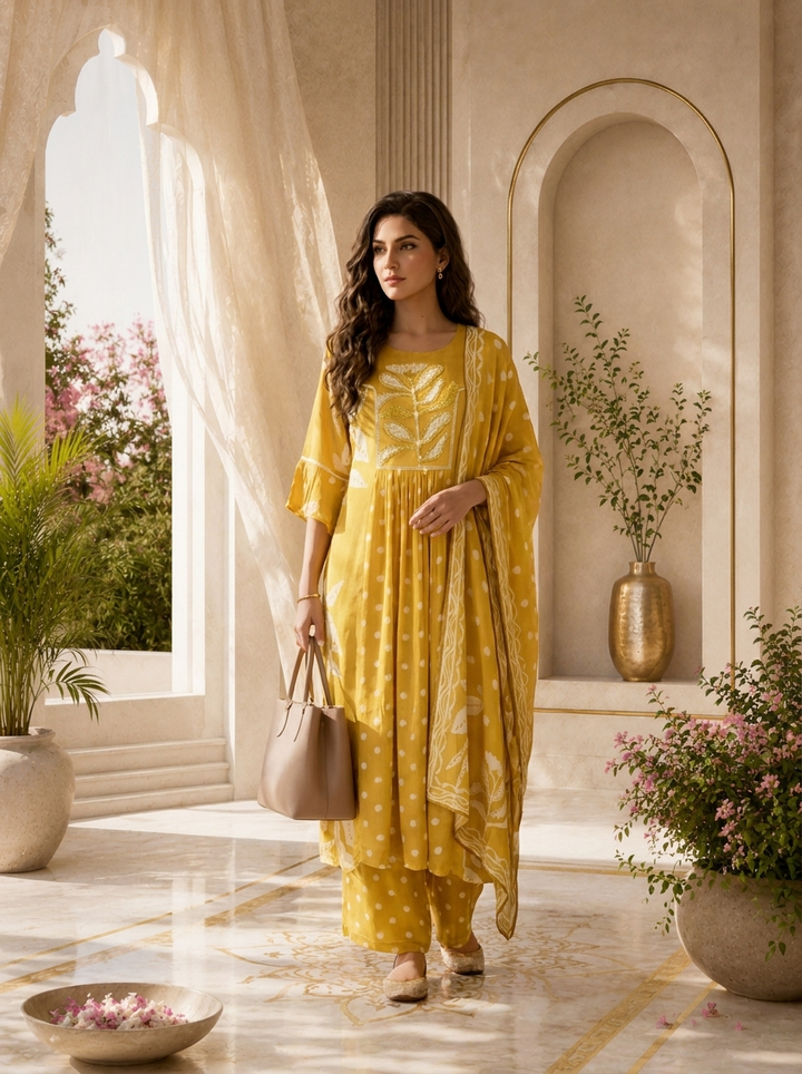 Mehadi Green Chiffon Polka Design Three Piece Set With Floral Printed Dupatta