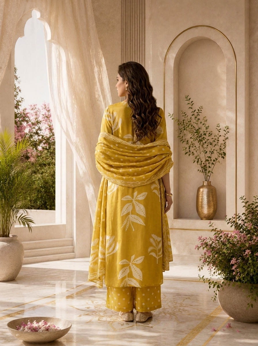 Mehadi Green Chiffon Polka Design Three Piece Set With Floral Printed Dupatta