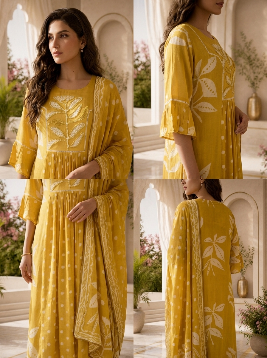 Mehadi Green Chiffon Polka Design Three Piece Set With Floral Printed Dupatta