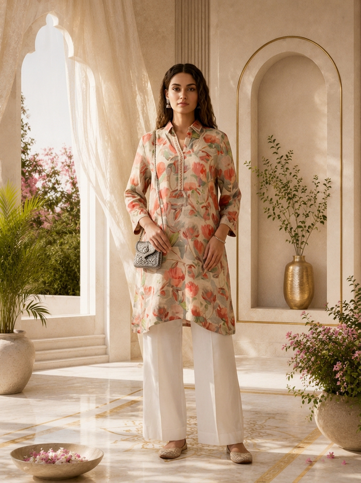 Beige Floral Printed Linen Kurti