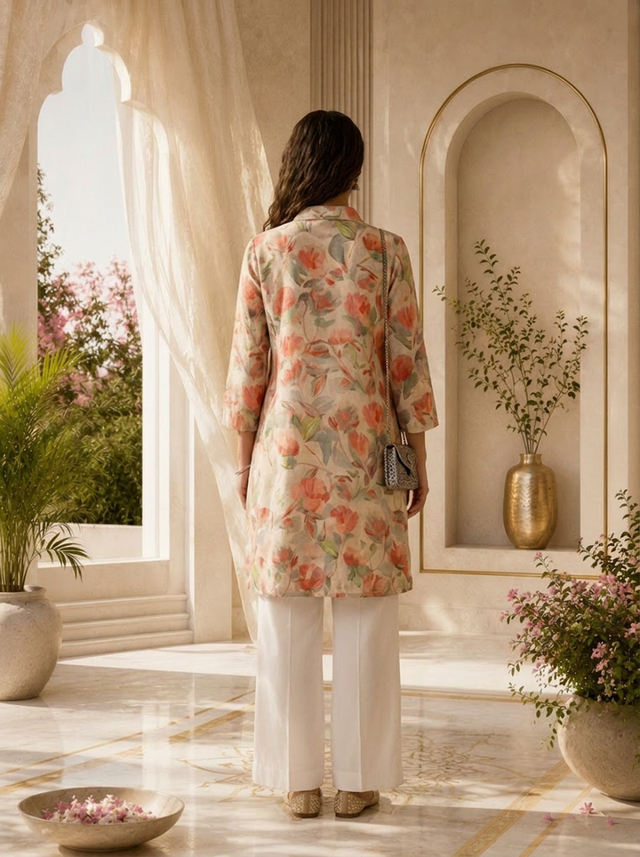 Beige Floral Printed Linen Kurti