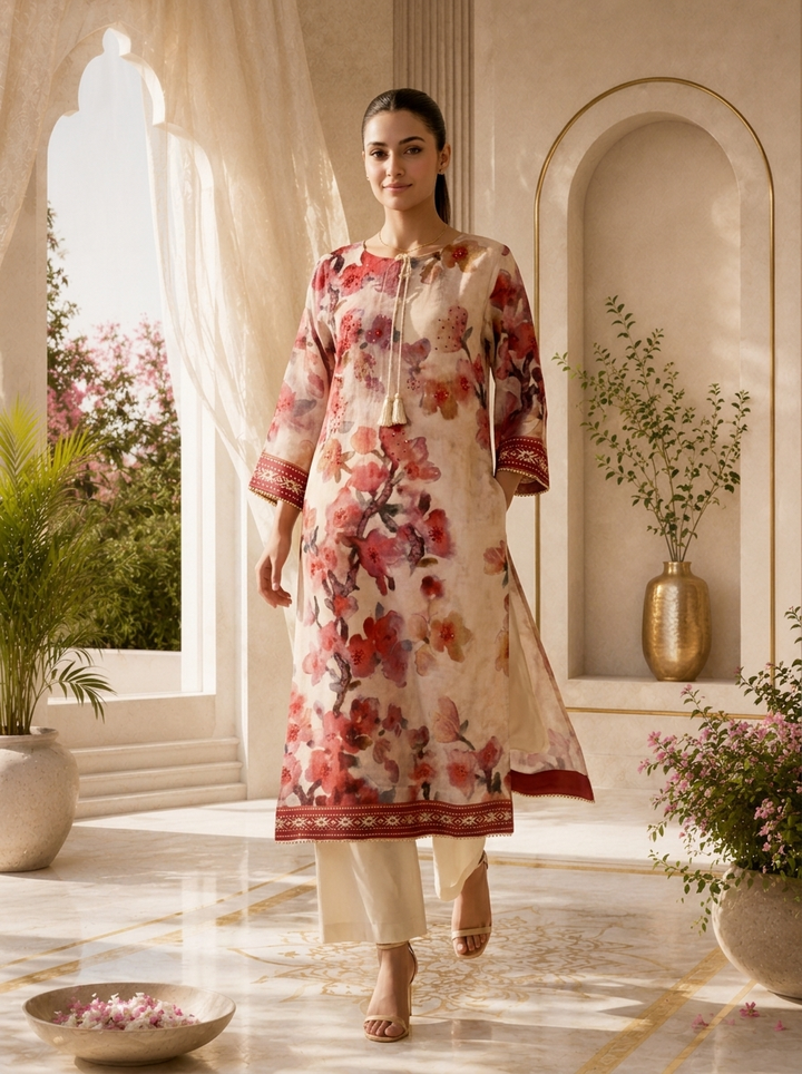 Onion Pink Hand Embroidered Rayon Kurta