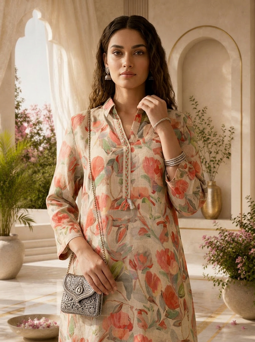 Beige Floral Printed Linen Kurti
