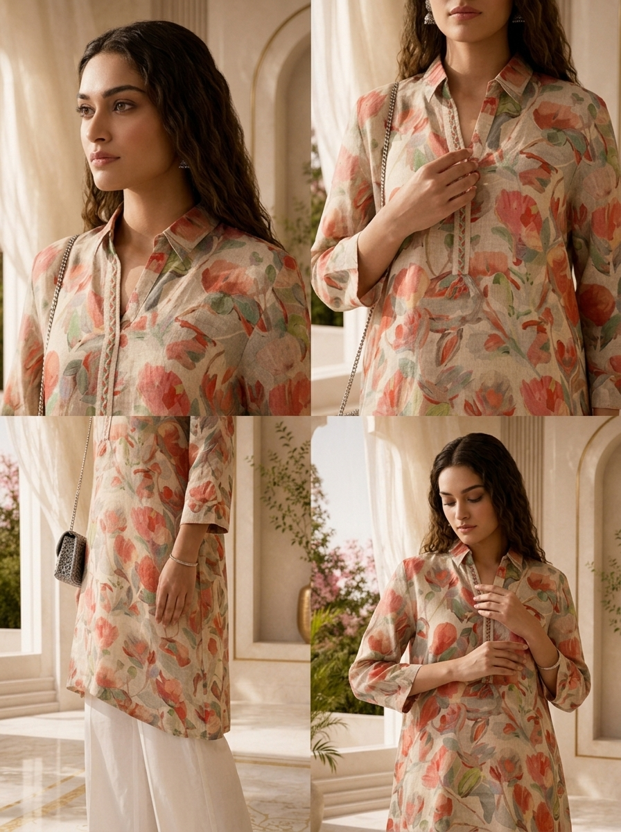Beige Floral Printed Linen Kurti