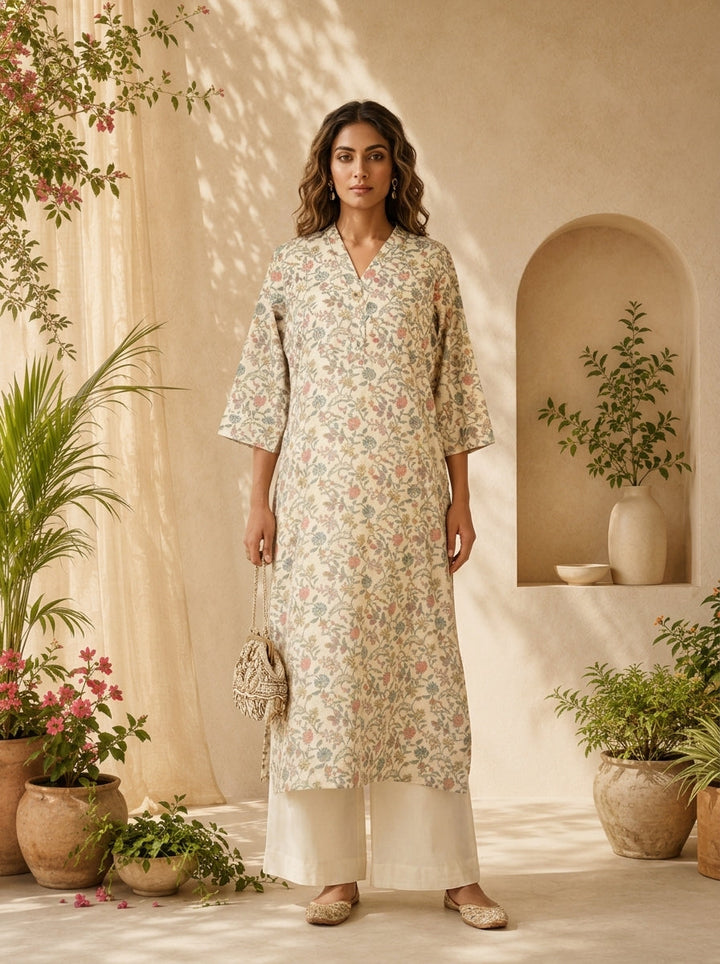 Pista Linen Heavy Floral Printed Kurta