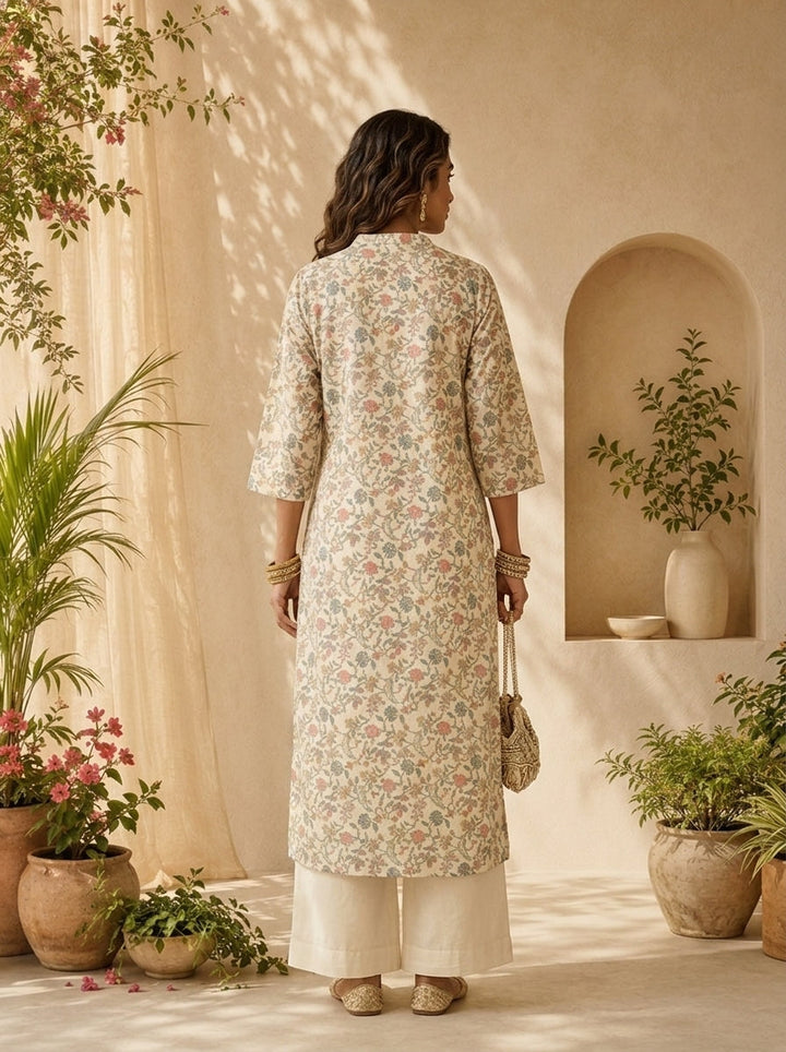 Pista Linen Heavy Floral Printed Kurta