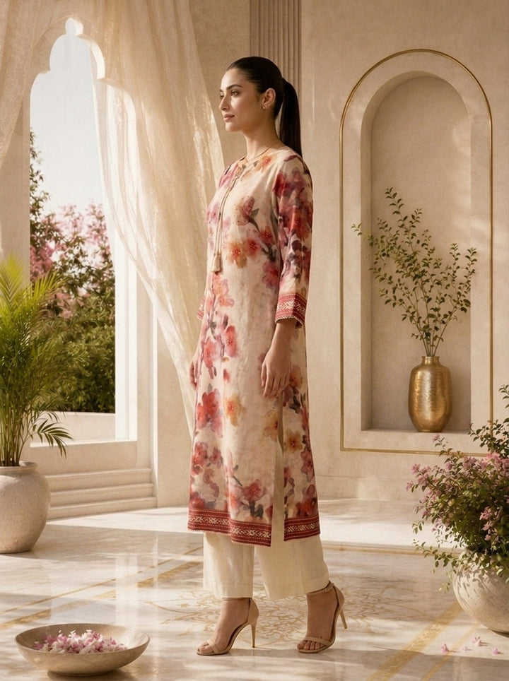 Onion Pink Hand Embroidered Rayon Kurta