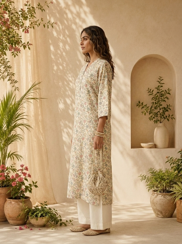 Pista Linen Heavy Floral Printed Kurta