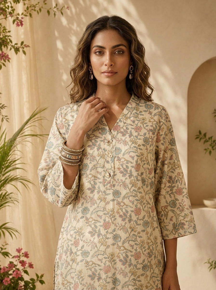 Pista Linen Heavy Floral Printed Kurta