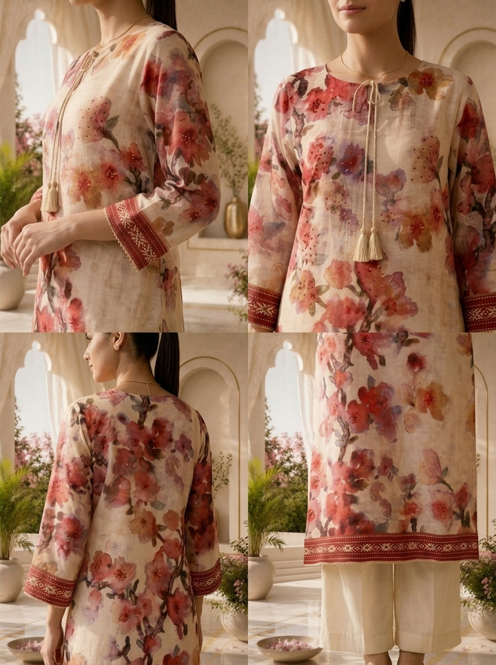 Onion Pink Hand Embroidered Rayon Kurta
