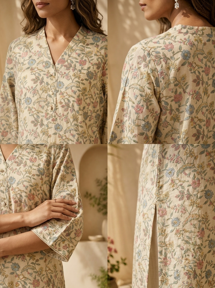 Pista Linen Heavy Floral Printed Kurta