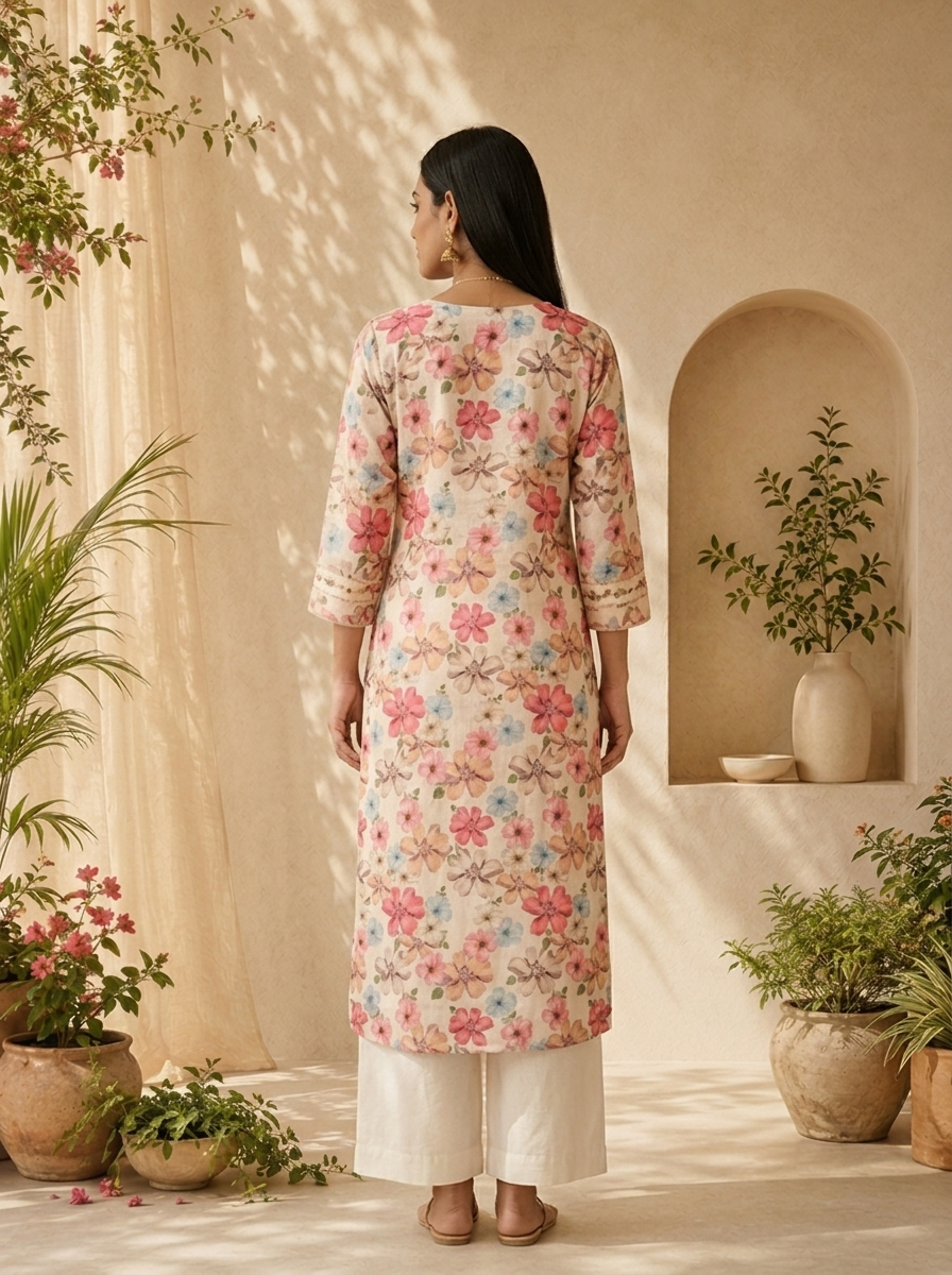 Cream Linen Floral Printed And Patch Embroidered Kurta