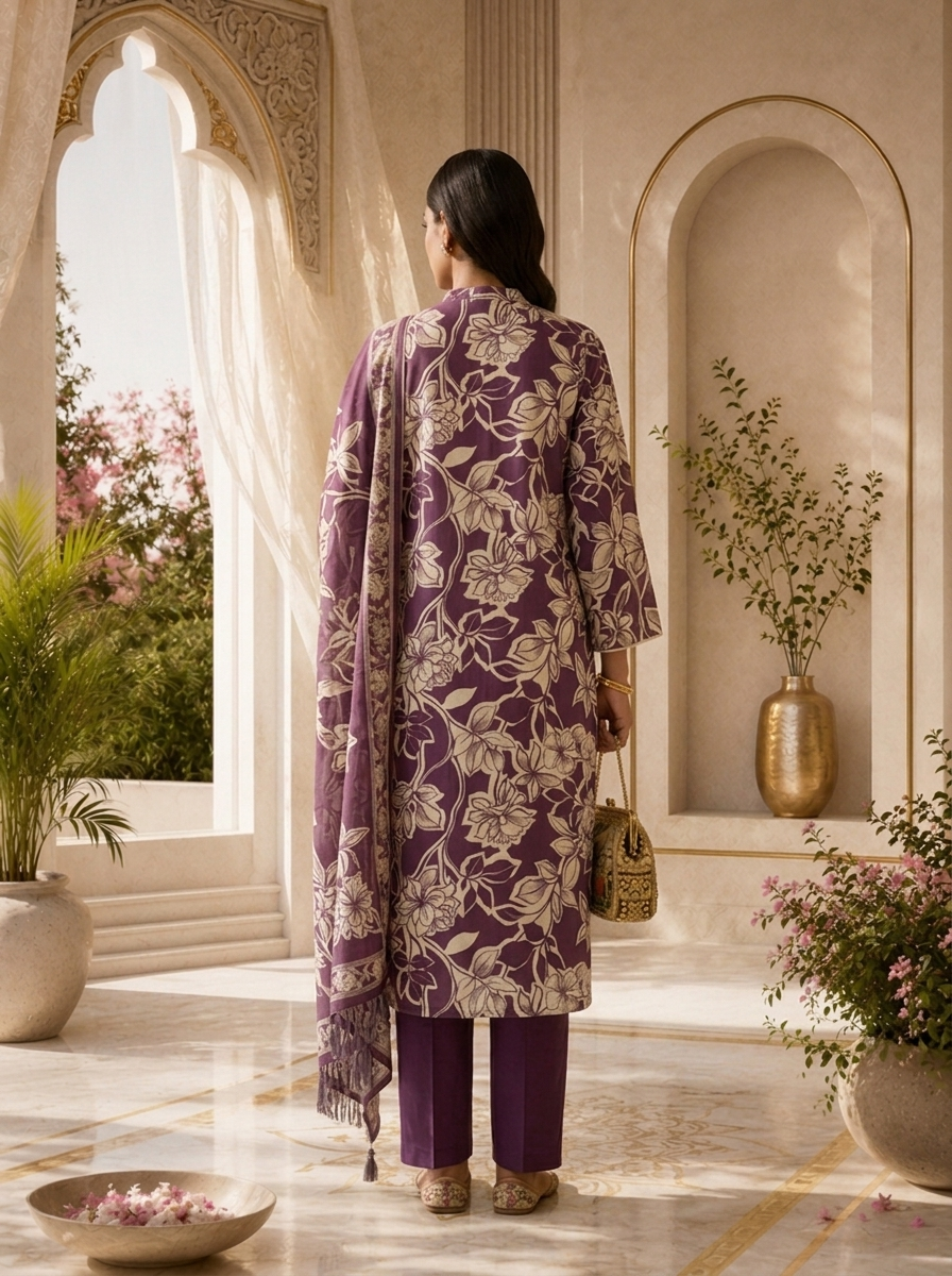 Purple Printed And Sequins Embroidery Rayon Three Piece Set