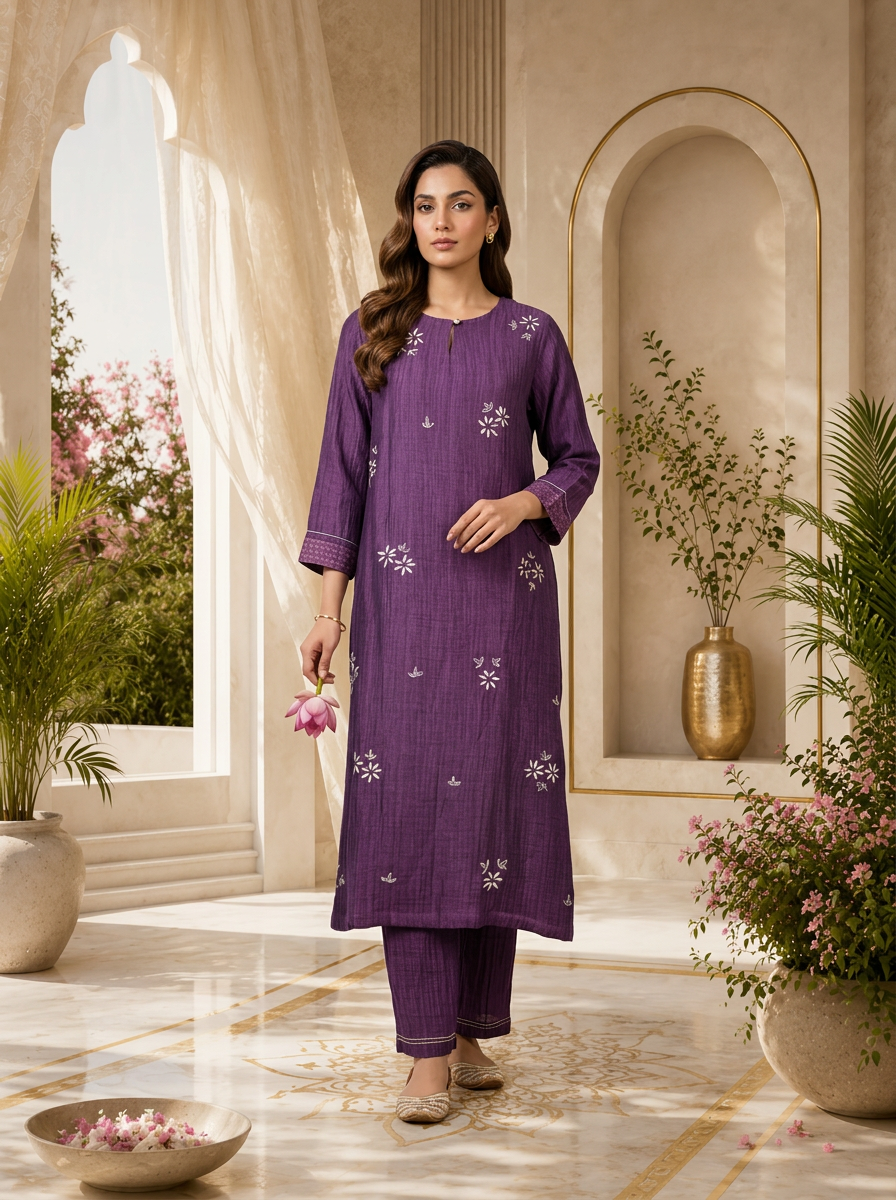 Purple Floral Thread Embroidery Linen Two Piece Set