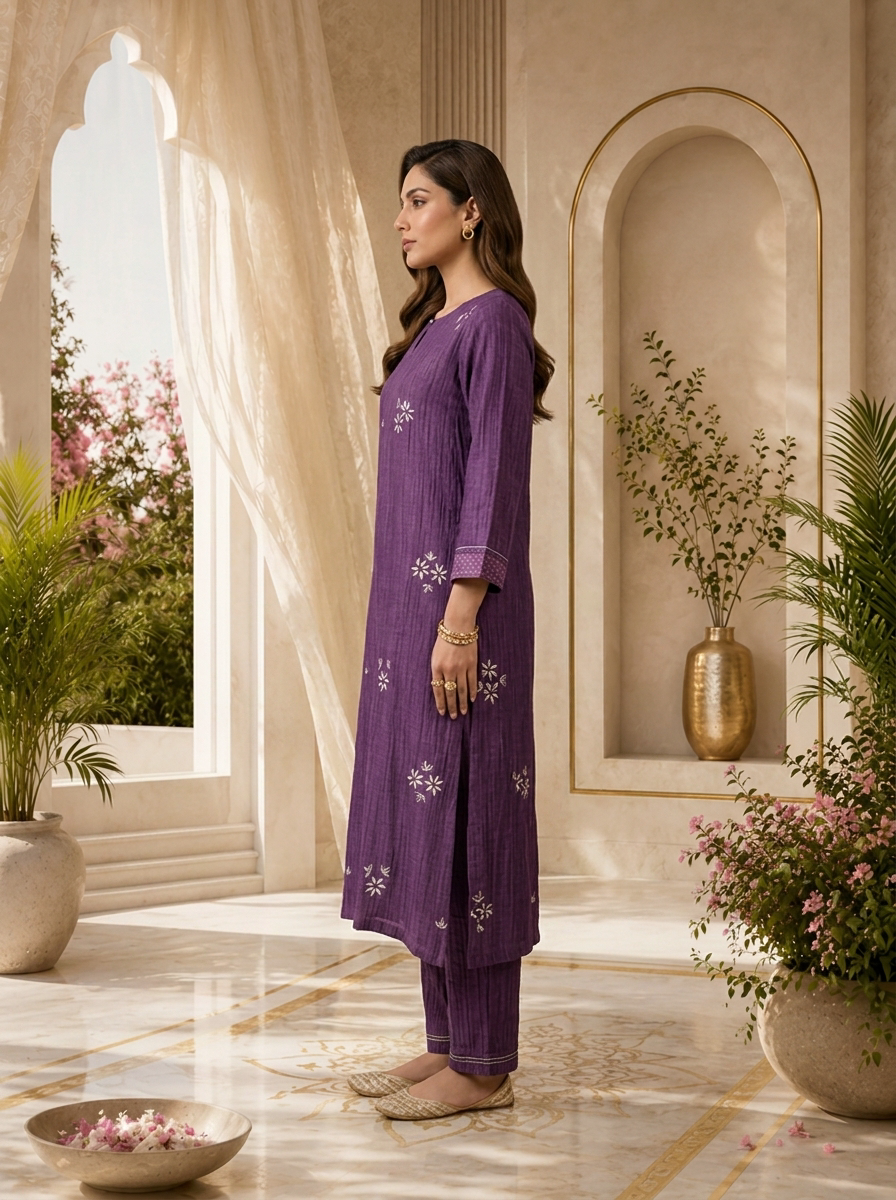 Purple Floral Thread Embroidery Linen Two Piece Set