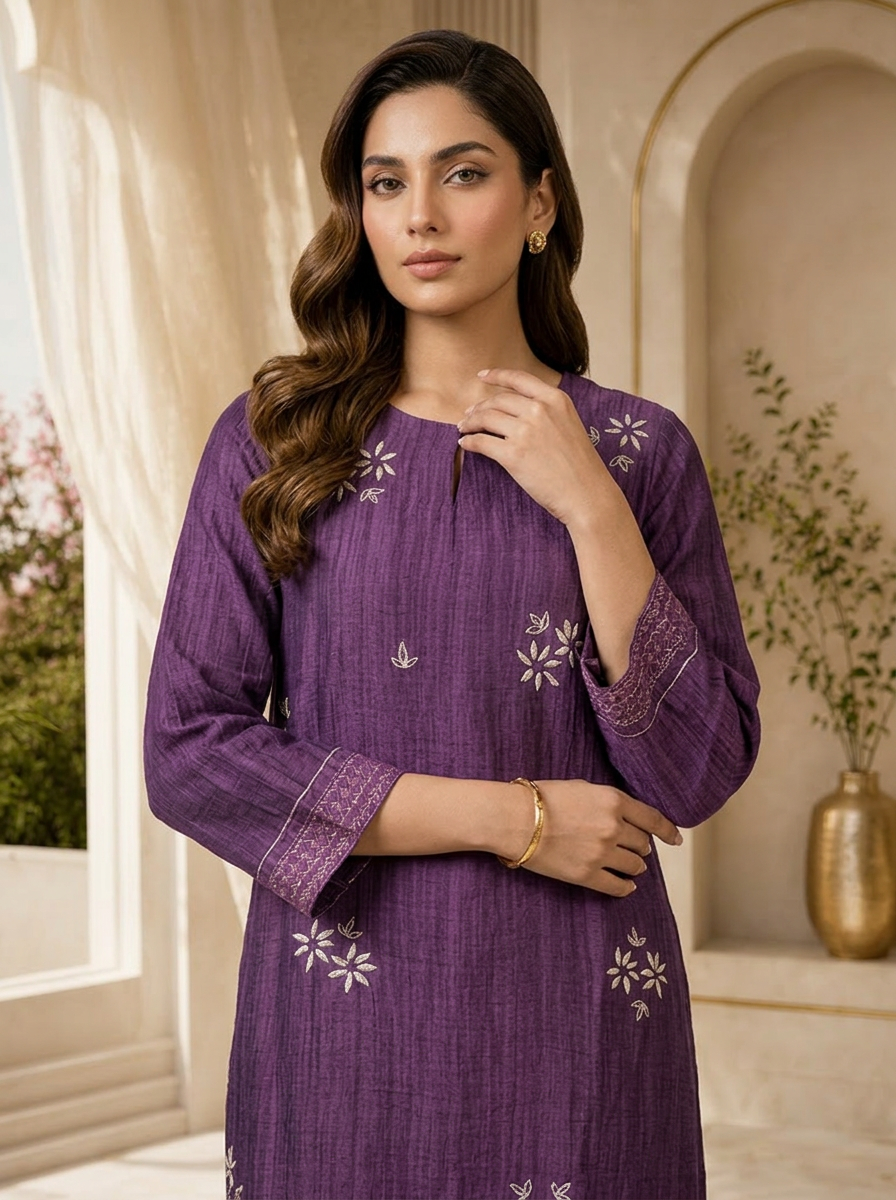 Purple Floral Thread Embroidery Linen Two Piece Set