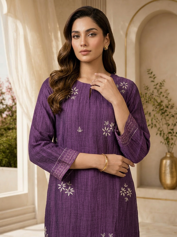 Purple Floral Thread Embroidery Linen Two Piece Set