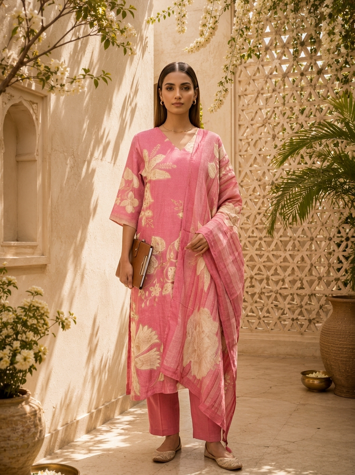 Rose Pink Floral Printed And Hand Embroidery Linen Three Piece Set