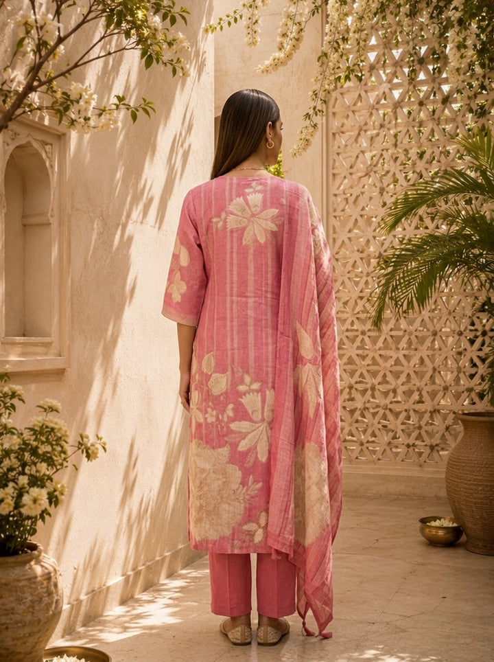 Rose Pink Floral Printed And Hand Embroidery Linen Three Piece Set