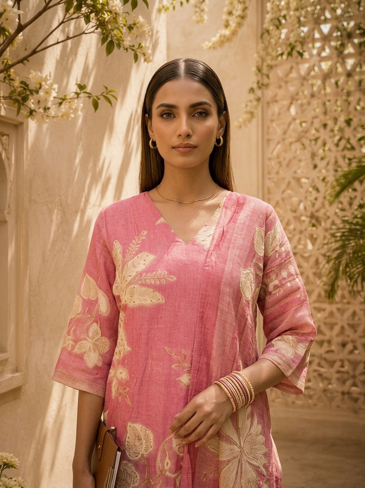 Rose Pink Floral Printed And Hand Embroidery Linen Three Piece Set