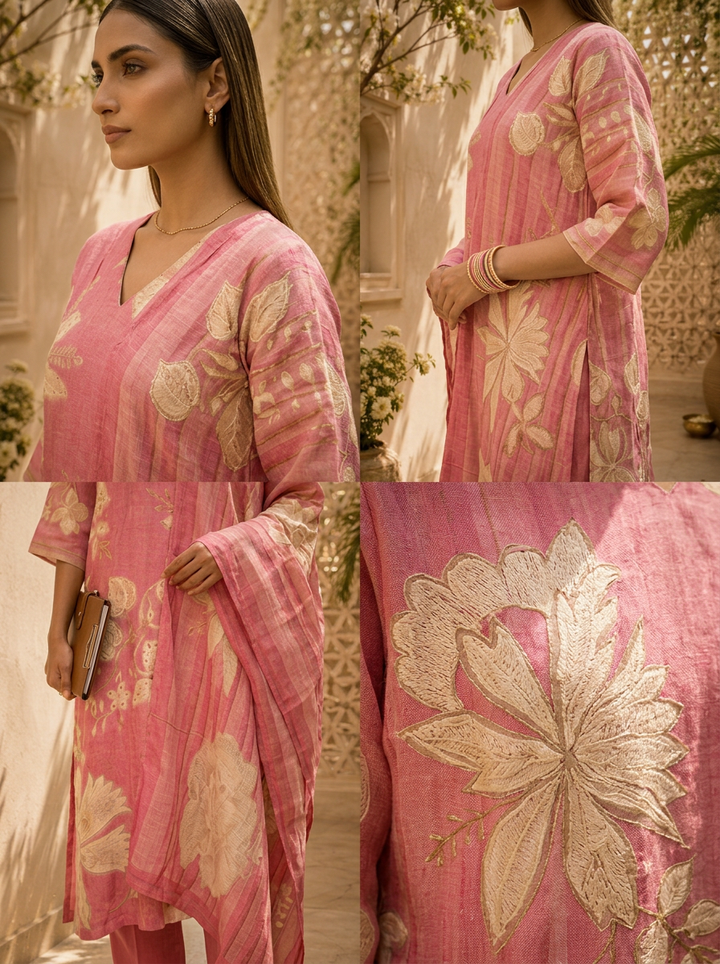 Rose Pink Floral Printed And Hand Embroidery Linen Three Piece Set