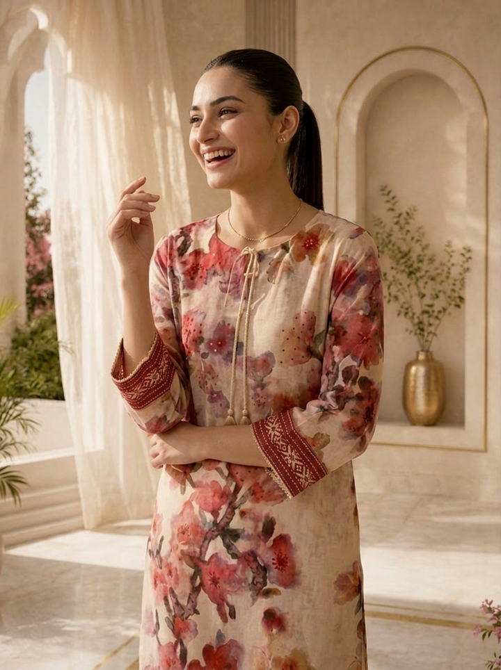 Onion Pink Hand Embroidered Rayon Kurta