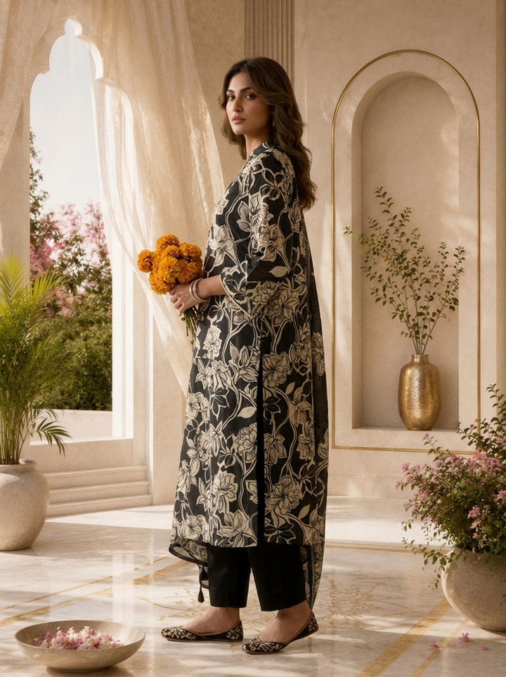 Black Printed And Sequins Embroidery Rayon Three Piece Set